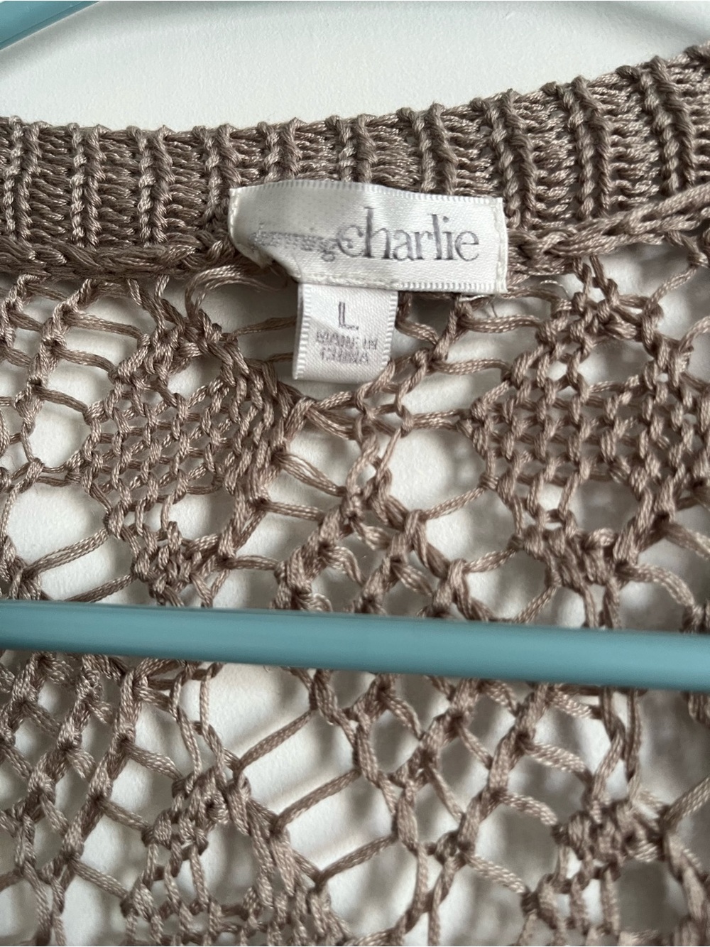Charming Charlie Open-Front Crochet Cardigan in Taupe - Picture 4 of 4